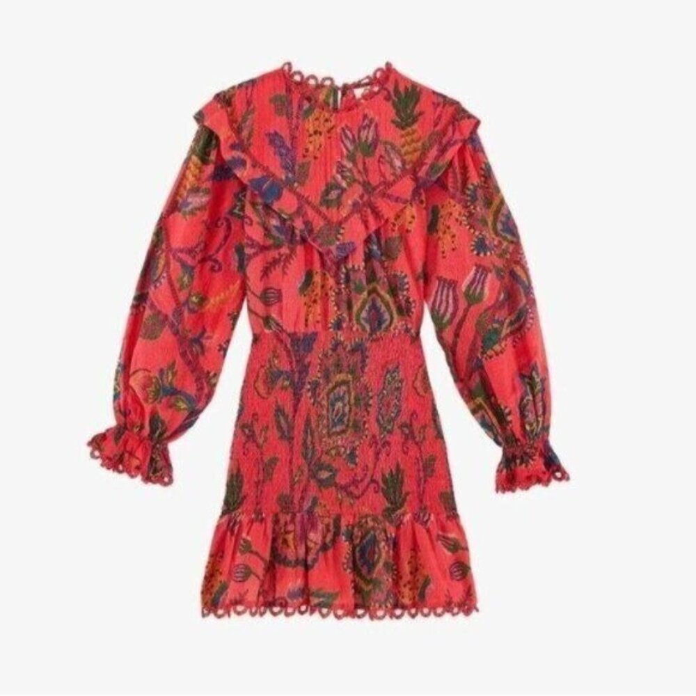 FARM Rio Mini Dress M  Tapestry Tropical Smocked Ruffle…Blush Pink Sunset - Picture 14 of 16